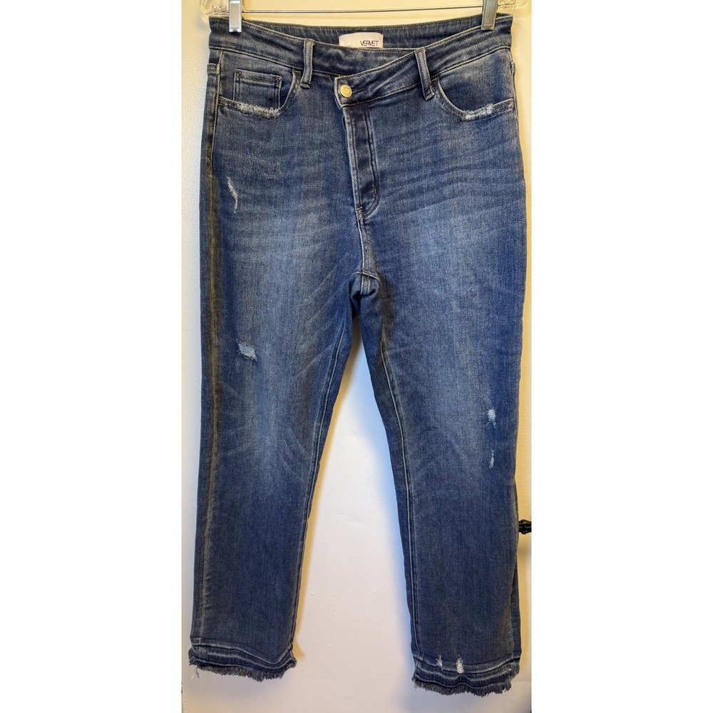 Vervet Jeans High-Rise 90's Criss Cross Dad Jeans Blue Distressed Stretch SZ 29